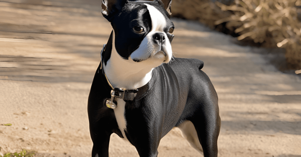 Adorable Boston Terrier with a tuxedo-like coat, known for its friendly personality and playful energy. A perfect small dog breed for companionship